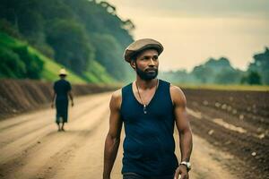 a man in a hat walking down a dirt road. AI-Generated photo