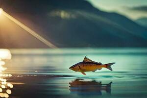 a fish is floating on the water in front of a mountain. AI-Generated photo