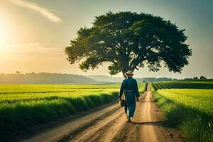 a man walking down a dirt road with a tree in the background. AI-Generated photo