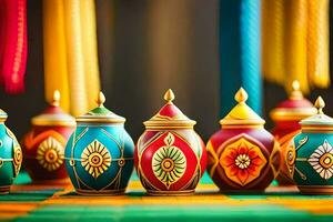 colorful diyas on a table with colorful ribbons. AI-Generated photo