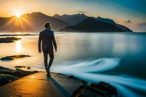 a man in a suit walks along the beach at sunset. AI-Generated photo