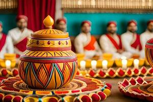 a table with colorful vases and candles. AI-Generated photo