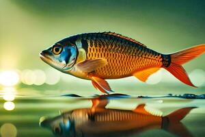 a fish is standing on the water with a reflection. AI-Generated photo