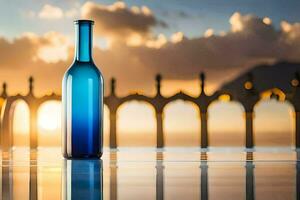 a blue bottle sitting on a table with a sunset in the background. AI-Generated photo