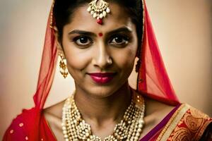 a beautiful indian woman wearing jewelry and a red sari. AI-Generated photo