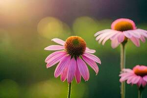 two pink flowers are standing in front of a green background. AI-Generated photo