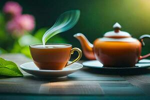 a cup of tea and a teapot on a wooden table. AI-Generated photo