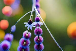 un cerca arriba de púrpura flores con un borroso antecedentes. generado por ai foto