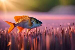 a fish is standing in the middle of a field. AI-Generated photo