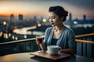 a woman sitting on a balcony with a cup of coffee and a city view. AI-Generated photo