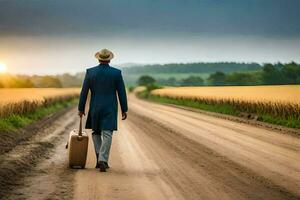 man in suit walking on dirt road with suitcase. AI-Generated photo