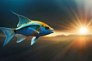 a fish in the ocean with the sun in the background. AI-Generated photo