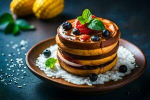 stack of pancakes with berries and mint leaves. AI-Generated photo