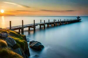 a long exposure photograph of a pier at sunset. AI-Generated photo