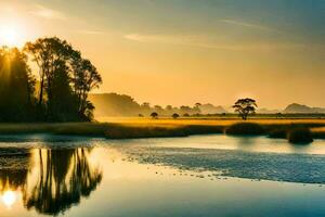 the sun rises over a marshy field with trees and grass. AI-Generated photo