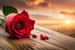rojo Rosa en un de madera mesa con corazón conformado piedras generado por ai foto