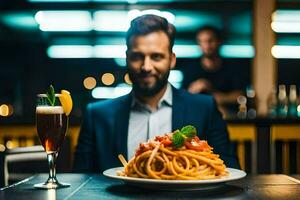 a man in a suit sits at a table with a plate of spaghetti. AI-Generated photo