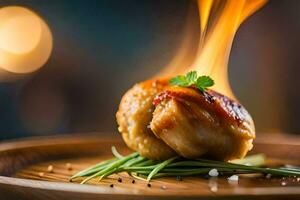 a piece of chicken on a wooden plate with fire. AI-Generated photo