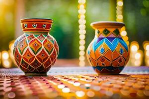 two colorful vases sitting on a table with lights. AI-Generated photo
