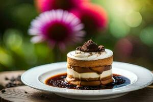 a dessert on a plate with a flower in the background. AI-Generated photo
