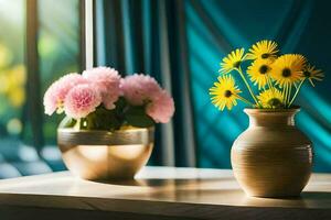 two vases with flowers on a table. AI-Generated photo