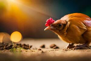 a small chicken with a red head standing on the ground. AI-Generated photo