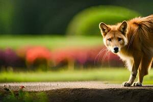 a red fox is walking on the road. AI-Generated photo