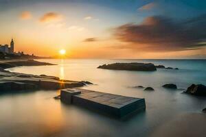 a long exposure photograph of the sun setting over the ocean. AI-Generated photo