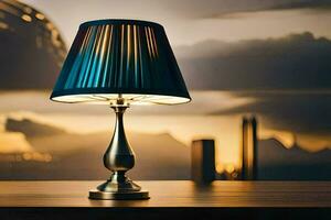 a lamp on a table in front of a city skyline. AI-Generated photo