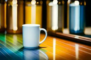 a coffee cup sits on a table in front of a colorful background. AI-Generated photo