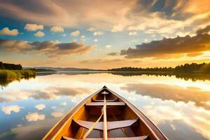 a canoe is floating on a calm lake at sunset. AI-Generated photo
