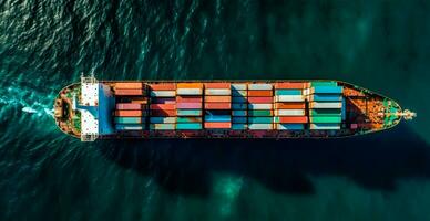 Top view of cargo sea ship with contrail in ocean ship carrying container - AI generated image photo