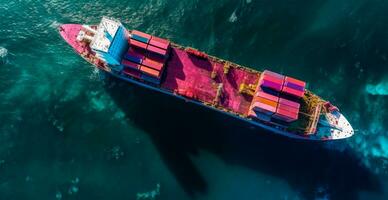 Top view of cargo sea ship with contrail in ocean ship carrying container - AI generated image photo