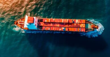 Top view of cargo sea ship with contrail in ocean ship at sunset carrying container - AI generated image photo