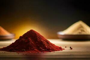 three different types of spices are shown on a wooden table. AI-Generated photo