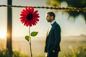 a man in a suit stands next to a red flower. AI-Generated photo