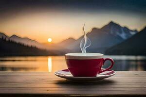 a cup of coffee on a wooden table in front of a lake with mountains in the background. AI-Generated photo