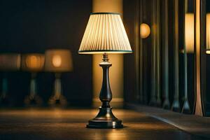 a lamp on a table in a dark room. AI-Generated photo