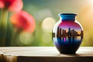 a vase with a city skyline in it. AI-Generated photo