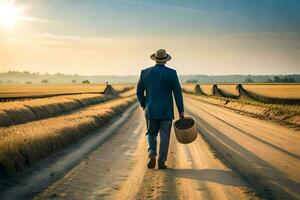 a man in a hat and suit walks down a dirt road. AI-Generated photo