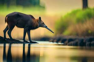 a deer with a long horn standing in the water. AI-Generated photo