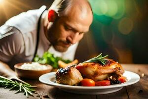 chef preparing a roasted chicken on a plate. AI-Generated photo