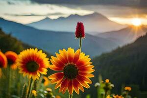 sunflowers in the mountains at sunset. AI-Generated photo