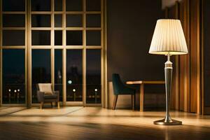 a lamp is sitting on a wooden floor in front of a large window. AI-Generated photo