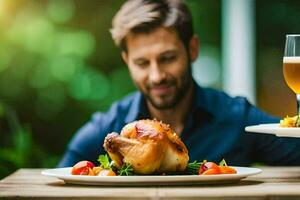 un hombre es participación un plato con un pollo y cerveza. generado por ai foto