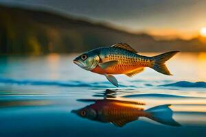 un pescado es saltando fuera de el agua a puesta de sol. generado por ai foto