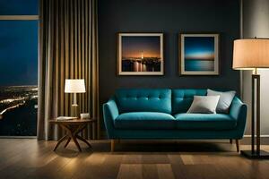 a living room with a blue couch and lamp. AI-Generated photo