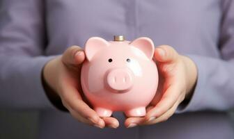 Woman holding pink piggy bank AI Generated photo