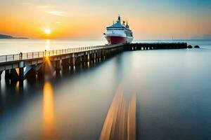 a cruise ship docked at the pier at sunset. AI-Generated photo