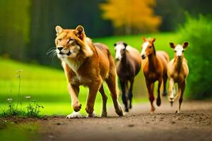 a lion and two horses running on a path. AI-Generated photo